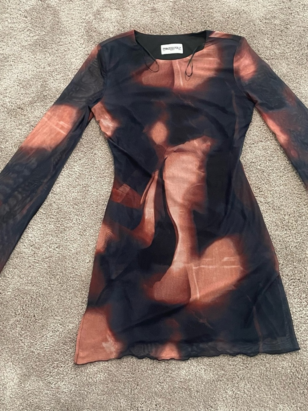 Princess Polly Black & Brown Abstract Mesh Long Sleeve Mini Dress
